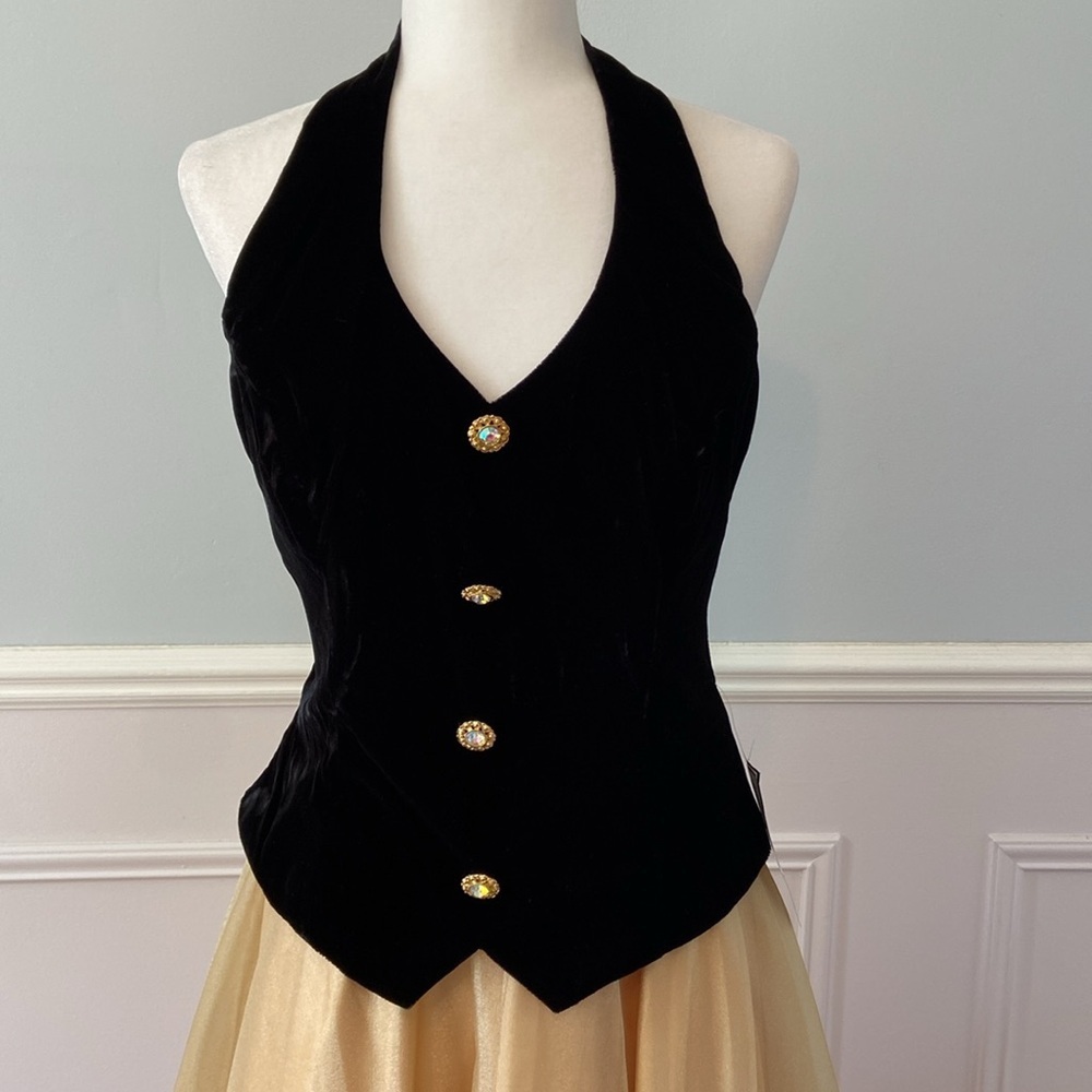 NWT80s Retro Victorian Ball Gown Party Dress Two Tone Velvet Gold Glitter Sz 12 - Picture 5 of 16